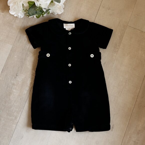 RARE Strasburg Black Cotton Velvet Shortall Romper 12 Month